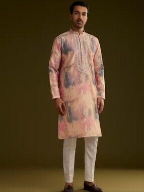 Kalki Men's Pastel Pink & Blue Embroidered Kurta